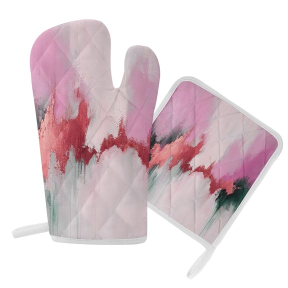 Oven Mitts and Pot Holders Set Abstract Pink Green Wave Heat Resistant Kitchen Oven Glove Modern Art Grill Gloves Set for Cooking, Baking, BBQ, Machine Washable 6.5x10.8in+8x8in