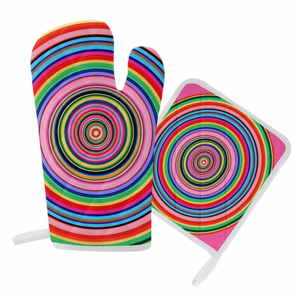 Oven Mitts and Pot Holders Set Abstract Rainbow Circle Heat Resistant Kitchen Oven Glove Modern Art Grill Gloves Set for Cooking, Baking, BBQ, Machine Washable 6.5x10.8in+8x8in