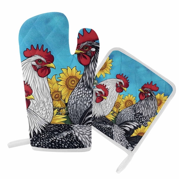 Oven Mitts and Pot Holders Set Abstract Rooster Sunflower Heat Resistant Kitchen Oven Glove Blue Sky Grill Gloves Set for Cooking, Baking, BBQ, Machine Washable 6.5x10.8in+8x8in
