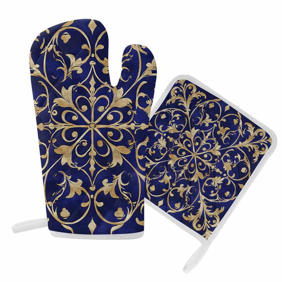 Oven Mitts and Pot Holders Set Abstract Yellow Floral Heat Resistant Kitchen Oven Glove Baroque Style Texture Blue Grill Gloves Set for Cooking, Baking, BBQ, Machine Washable 6.5x10.8in+8x8in
