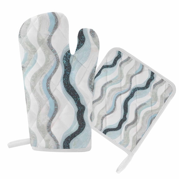 Oven Mitts and Pot Holders Set Black Blue Stripes Heat Resistant Kitchen Oven Glove Abstract Art Grill Gloves Set for Cooking, Baking, BBQ, Machine Washable 6.5x10.8in+8x8in