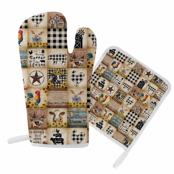 Oven Mitts and Pot Holders Set Farm Animal Buffalo Check Heat Resistant Kitchen Oven Glove Cows Rooster Pig Grill Gloves Set for Cooking, Baking, BBQ, Machine Washable 6.5x10.8in+8x8in