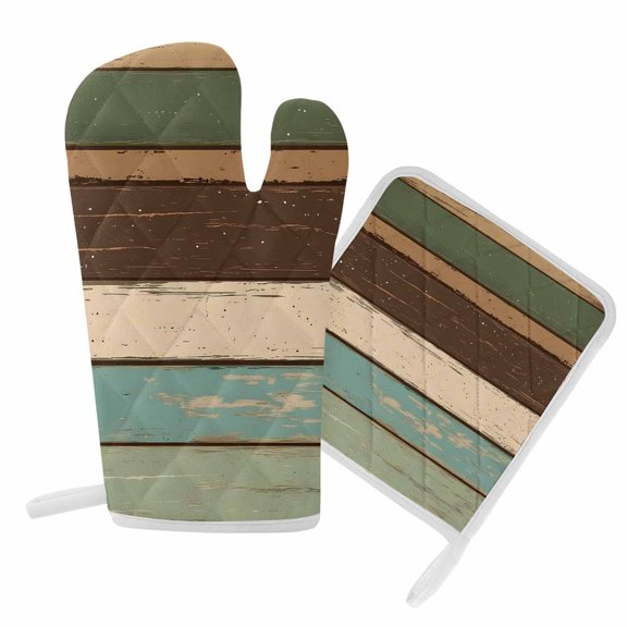 Oven Mitts and Pot Holders Set Green Brown Beige Stripes Heat Resistant Kitchen Oven Glove Wood Background Grill Gloves Set for Cooking, Baking, BBQ, Machine Washable 6.5x10.8in+8x8in