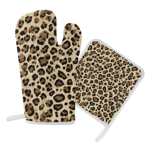 Oven Mitts and Pot Holders Set Leopard Print Heat Resistant Kitchen Oven Glove Abstract Art Grill Gloves Set for Cooking, Baking, BBQ, Machine Washable 6.5x10.8in+8x8in