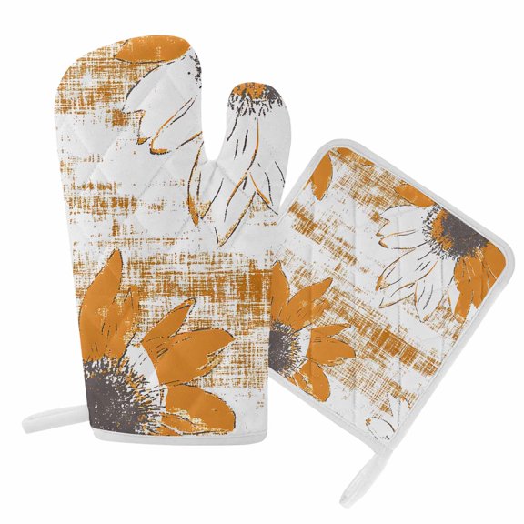 Oven Mitts and Pot Holders Set Orange Sunflower Heat Resistant Kitchen Oven Glove Flower Field Grill Gloves Set for Cooking, Baking, BBQ, Machine Washable 6.5x10.8in+8x8in