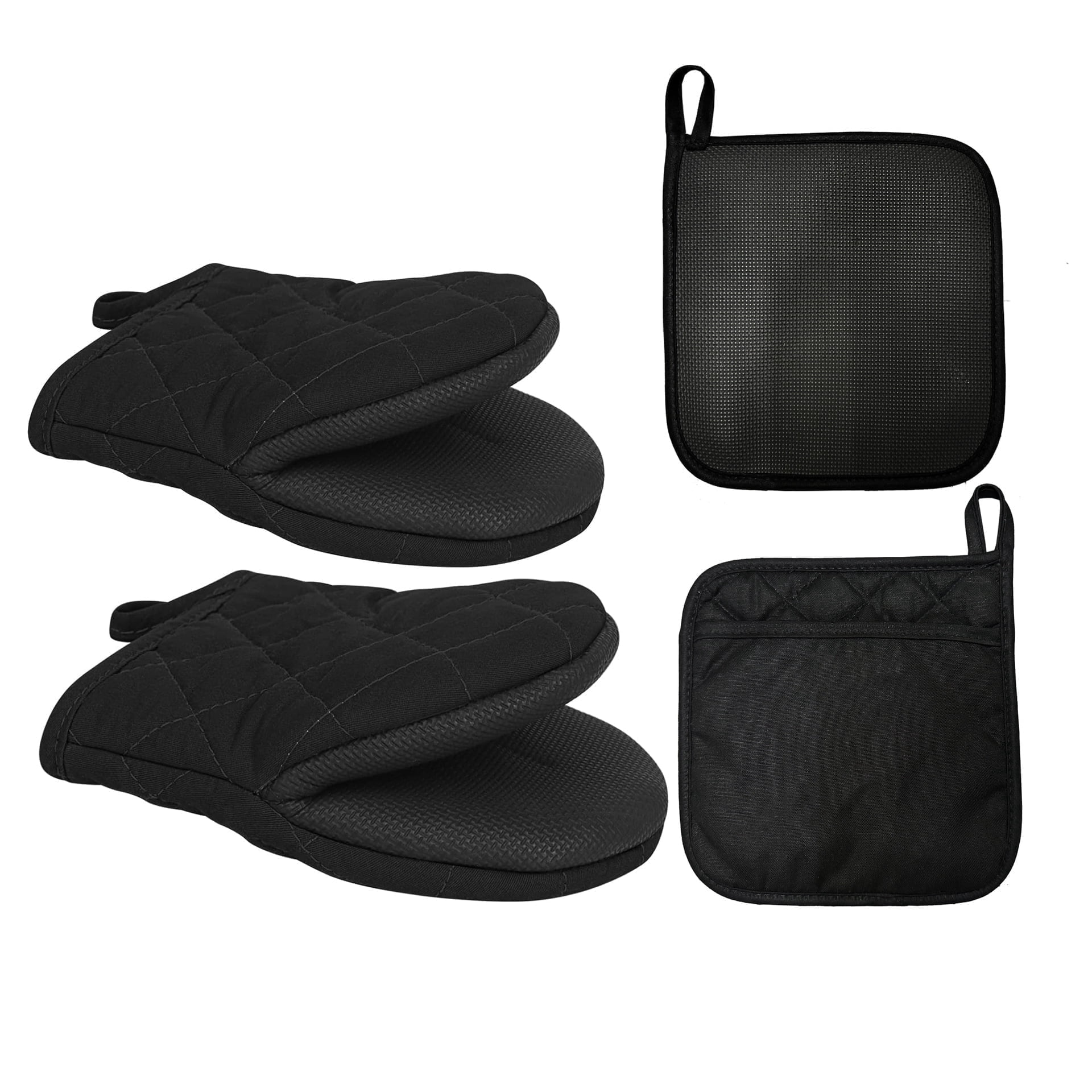 HEETLY Short Oven Mitts and Pot Holders Set,4-Piece,500°F Heat Resistant with Neoprene Grip,Black