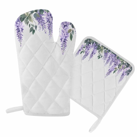 Oven Mitts and Pot Holders Set Purple Flower Green Leaves Heat Resistant Kitchen Oven Glove Watercolor Art Grill Gloves Set for Cooking, Baking, BBQ, Machine Washable 6.5x10.8in+8x8in
