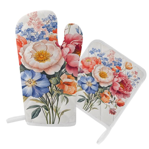 Oven Mitts and Pot Holders Set Red Blue Red Flowers Heat Resistant Kitchen Oven Glove Spring Floral Grill Gloves Set for Cooking, Baking, BBQ, Machine Washable 6.5x10.8in+8x8in