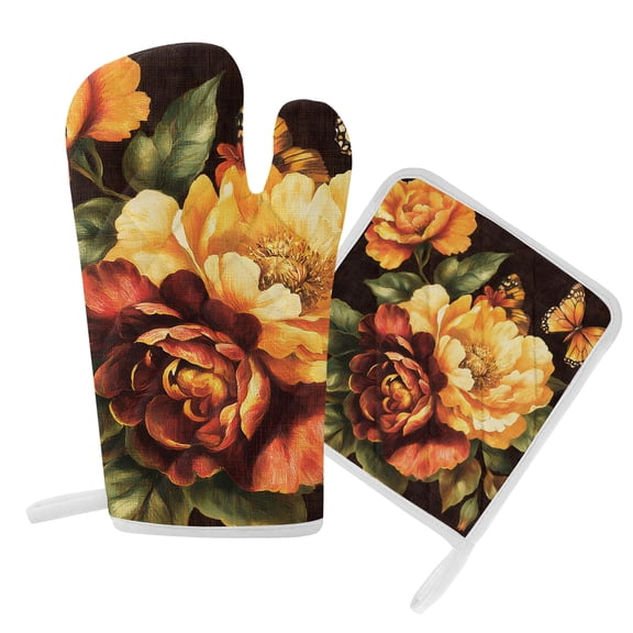 Oven Mitts and Pot Holders Set Red Yellow Peony Heat Resistant Kitchen Oven Glove Rustic Floral Leaves Grill Gloves Set for Cooking, Baking, BBQ, Machine Washable 6.5x10.8in+8x8in