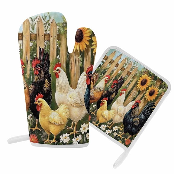 Oven Mitts and Pot Holders Set Rooster Chicken Sunflower Heat Resistant Kitchen Oven Glove Fence Plant Grill Gloves Set for Cooking, Baking, BBQ, Machine Washable 6.5x10.8in+8x8in