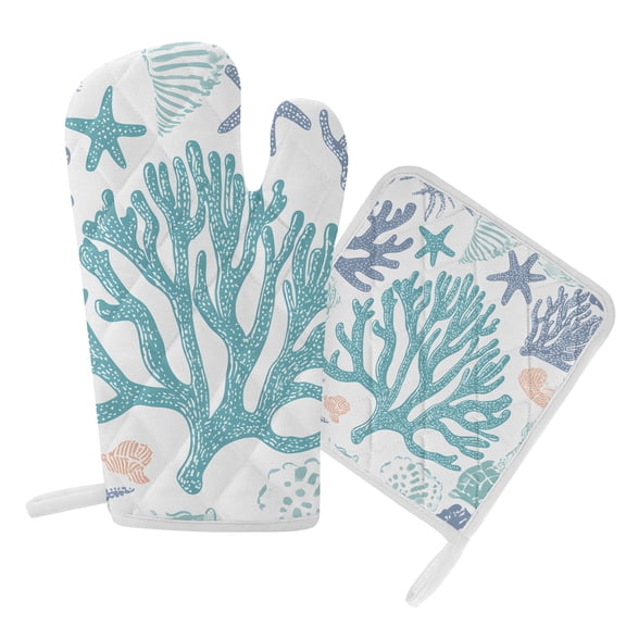 Oven Mitts and Pot Holders Set Teal Blue Coral Starfish Heat Resistant Kitchen Oven Glove Shell Ocean Marine Life Grill Gloves Set for Cooking, Baking, BBQ, Machine Washable 6.5x10.8in+8x8in