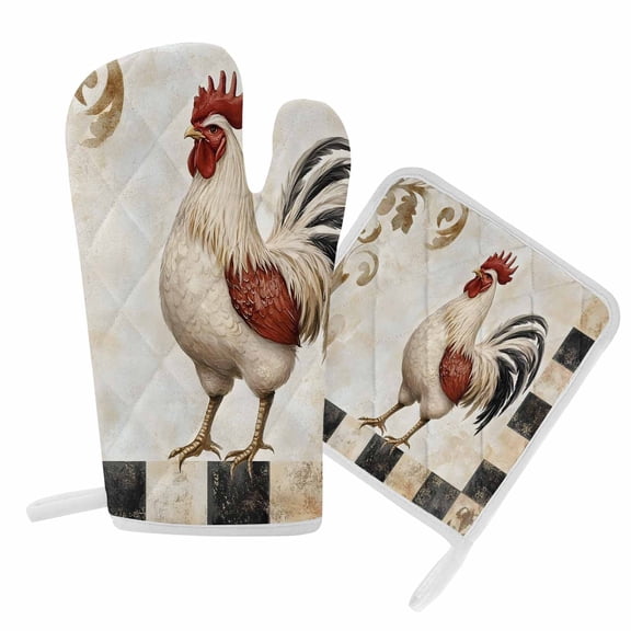 Oven Mitts and Pot Holders Set Vintage Rooster Floral Heat Resistant Kitchen Oven Glove Black White Plaid Grill Gloves Set for Cooking, Baking, BBQ, Machine Washable 6.5x10.8in+8x8in