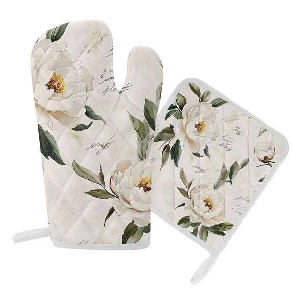 Oven Mitts and Pot Holders Set Watercolor Beige Flowers Leaf Heat Resistant Kitchen Oven Glove Retro Plant Grill Gloves Set for Cooking, Baking, BBQ, Machine Washable 6.5x10.8in+8x8in