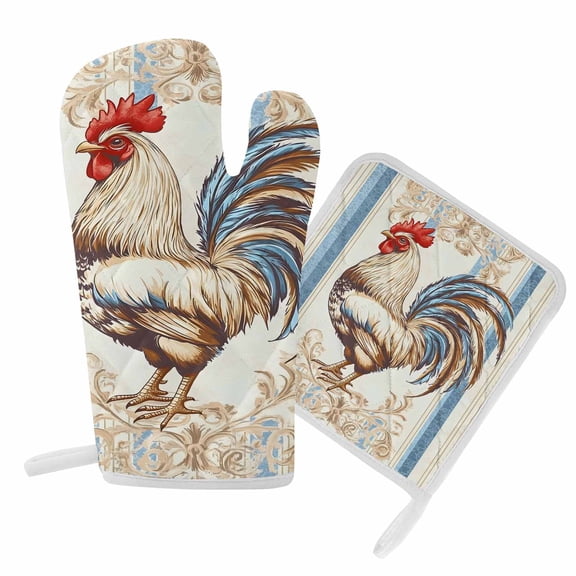 Oven Mitts and Pot Holders Set Watercolor Blue White Rooster Flowers Heat Resistant Kitchen Oven Glove Vintage Style Grill Gloves Set for Cooking, Baking, BBQ, Machine Washable 6.5x10.8in+8x8in