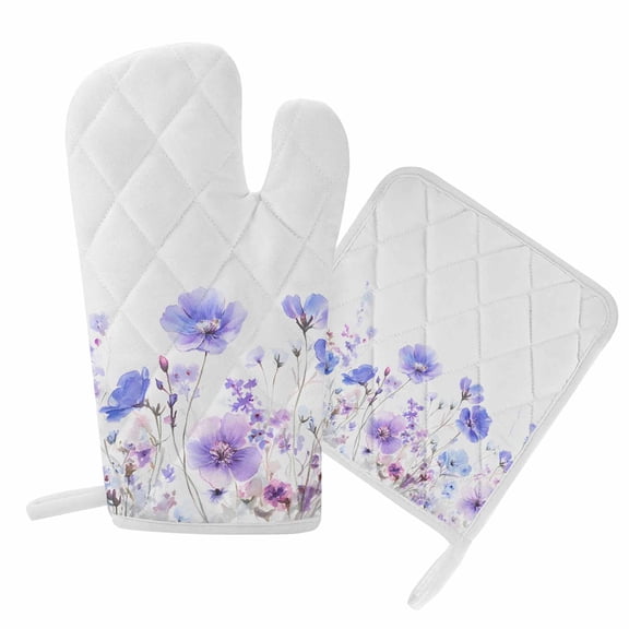 Oven Mitts and Pot Holders Set Watercolor Flower Lavender Heat Resistant Kitchen Oven Glove Spring Idyllic Grill Gloves Set for Cooking, Baking, BBQ, Machine Washable 6.5x10.8in+8x8in