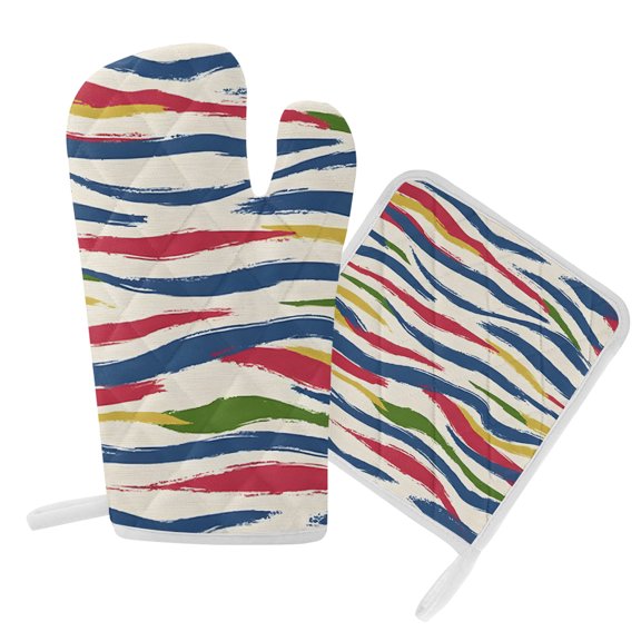 Oven Mitts and Pot Holders Set Watercolors Blue Red Yellow Stripes Heat Resistant Kitchen Oven Glove Abstract Grill Gloves Set for Cooking, Baking, BBQ, Machine Washable 6.5x10.8in+8x8in