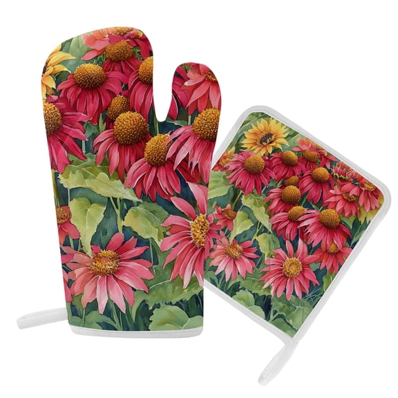 Oven Mitts and Pot Holders Set Watercolors Red Daisy Heat Resistant Kitchen Oven Glove Abstract Floral Plant Grill Gloves Set for Cooking, Baking, BBQ, Machine Washable 6.5x10.8in+8x8in