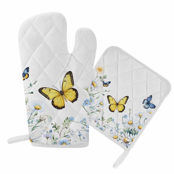 Oven Mitts and Pot Holders Set White Daisy Yellow Butterfly Heat Resistant Kitchen Oven Glove Wildflower Leaf Grill Gloves Set for Cooking, Baking, BBQ, Machine Washable 6.5x10.8in+8x8in