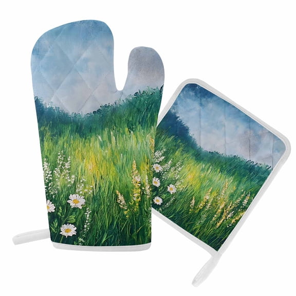Oven Mitts and Pot Holders Set White Flowers Field Heat Resistant Kitchen Oven Glove Spring Oil Painting Grill Gloves Set for Cooking, Baking, BBQ, Machine Washable 6.5x10.8in+8x8in