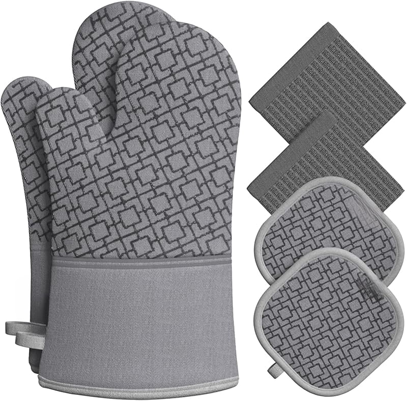 Oven Mitts and Pot Holders Sets 6pcs, Kitchen Glove,High Heat Resistant 550 Degree Extra Long Potholders with Non-Slip Silicone Surface for Home Essentials (Grey) (Gray)