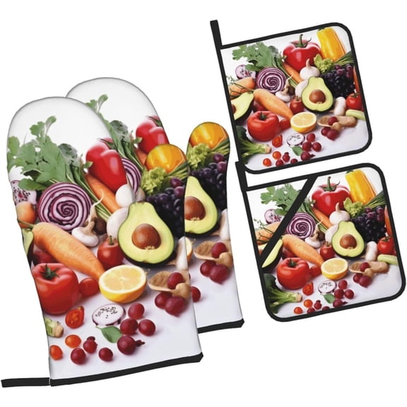 Oven Mitts and Pot Holders Sets, Heat Resistant Non-Slip Kitchen Glove and Potholders, Healthy Food Oven Mitts, BBQ Gloves, 4Pcs Oven Gloves and Hot Pads for Kitchen Baking Cooking