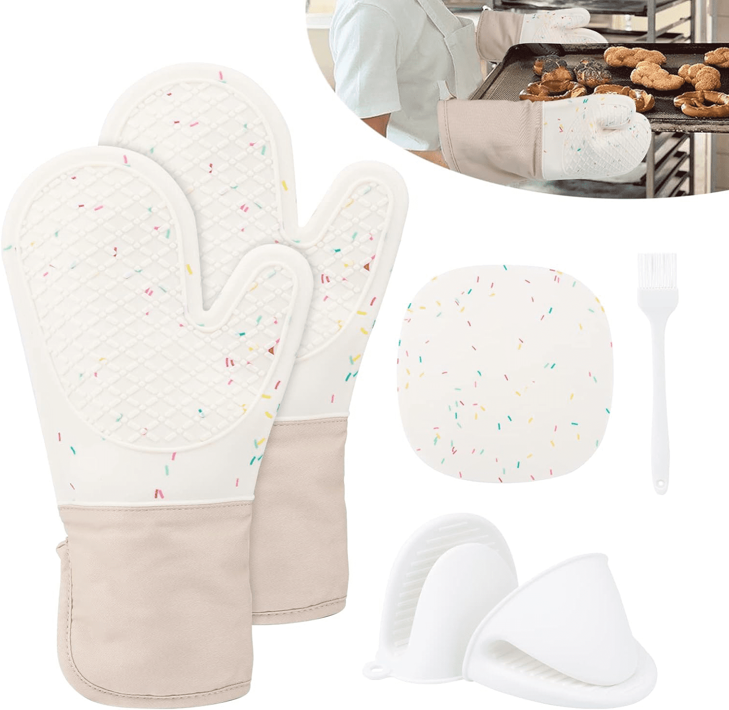 6 Pcs Kitchen Oven Mitts Set,Heat Resistant Silicone Cooking Mittens with Potholders,Hand Clips,Brushes - Walmart.com