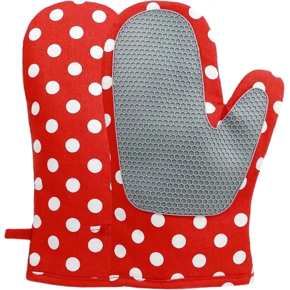 HEETLY Cotton Oven Mitts Set with Silicone Grip, 2-Piece 392°F Heat Resistant, Red Dots