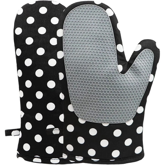 HEETLY Black Dots Oven Mitts Set, 2-Piece 10.6-Inch, 392°F Heat Resistant Cotton Gloves with Silicone Grip for Kitchen & Baking