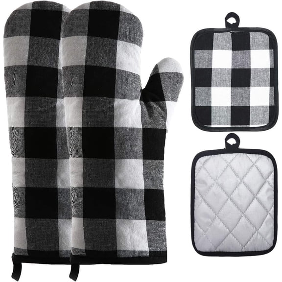HEETLY Cotton Oven Mitts and Pot Holders Set with Silicone Grip, 4-Piece 392°F Heat Resistant, Black/White Plaid