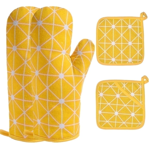 HEETLY Long Oven Mitts and Pot Holder Set, 13 Inch Cotton Kitchen Mittens & Potholders, Heat Resistant 392°F, 4 Piece for Cooking Baking Grilling