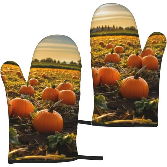 Oven Mitts Set of 2 Non-Slip Oven Gloves for Kitchen Pumpkins on The Ground Oven Mitt Heat Resistant Oven Glove for Cooking Microwave Baking BBQ