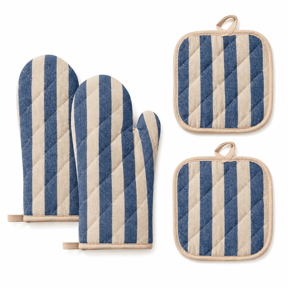 Oven Mitts and Pot Holders 4‑Piece Set, 2 Oven Mitts + 2 Pot Holders, Heat Resistant Quilted Cotton Kitchen Gloves for Baking Cooking Grilling