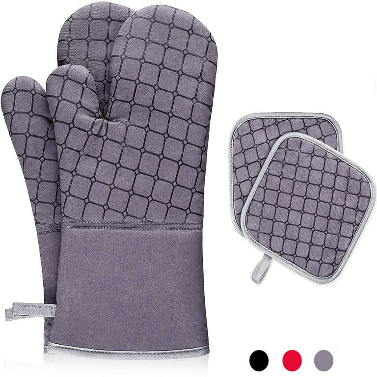 Oven Mitts and Pot Holders, 500℉ Heat Resistant Oven Mitt ,Oven Gloves with  Kitchen Towels Soft Cotton Lining, Non-Slip Surface Cooking Gloves