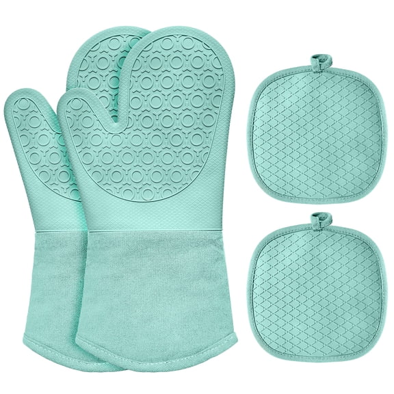 Oven Mitts and Pot Holders Set – Heat Resistant Gloves with Thick Cotton Liner, Kitchen Non-Slip Silicone Pot Holders, 4 Pack