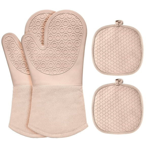 Oven Mitts and Pot Holders Set – Heat Resistant Gloves with Thick Cotton Liner, Kitchen Non-Slip Silicone Pot Holders, 4 Pack
