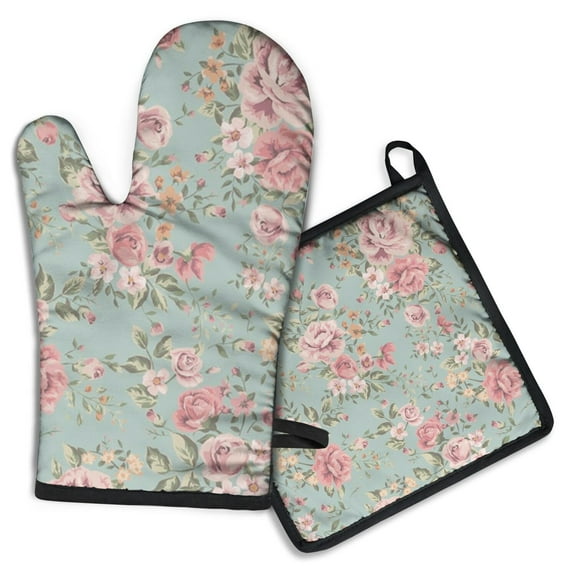 Oven Mitts and Pot Holders Sets 2Pcs, 100% Cotton Heat Resistant, Floral Rose Extra Long Oven Gloves Potholder for Kitchen Cooking Baking Decoration