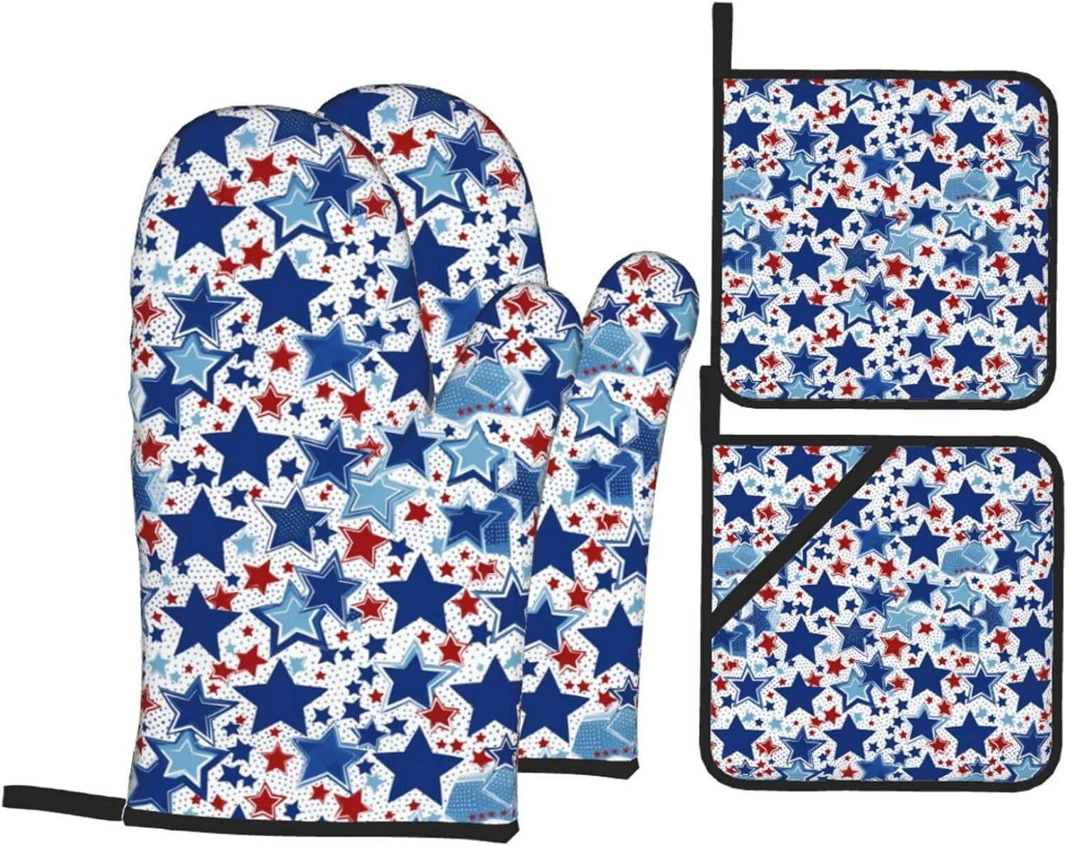 Oven Mitts and Pot Holders Sets of 4, American Flag Stars Kitchen Gloves for Cooking Baking Patriotic Hot Pads BBQ Potholders