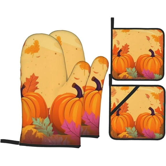 Oven Mitts and Pot Holders Sets of 4, Colorful Fall Leaves Kitchen Gloves for Cooking Baking Thanksgiving Pumpkin Hot Pads BBQ Potholders