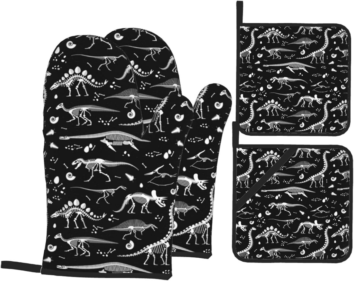 Oven Mitts and Pot Holders Sets of 4, Dinosaur Skeleton Kitchen Gloves for Cooking Baking Black and White Hot Pads BBQ Potholders