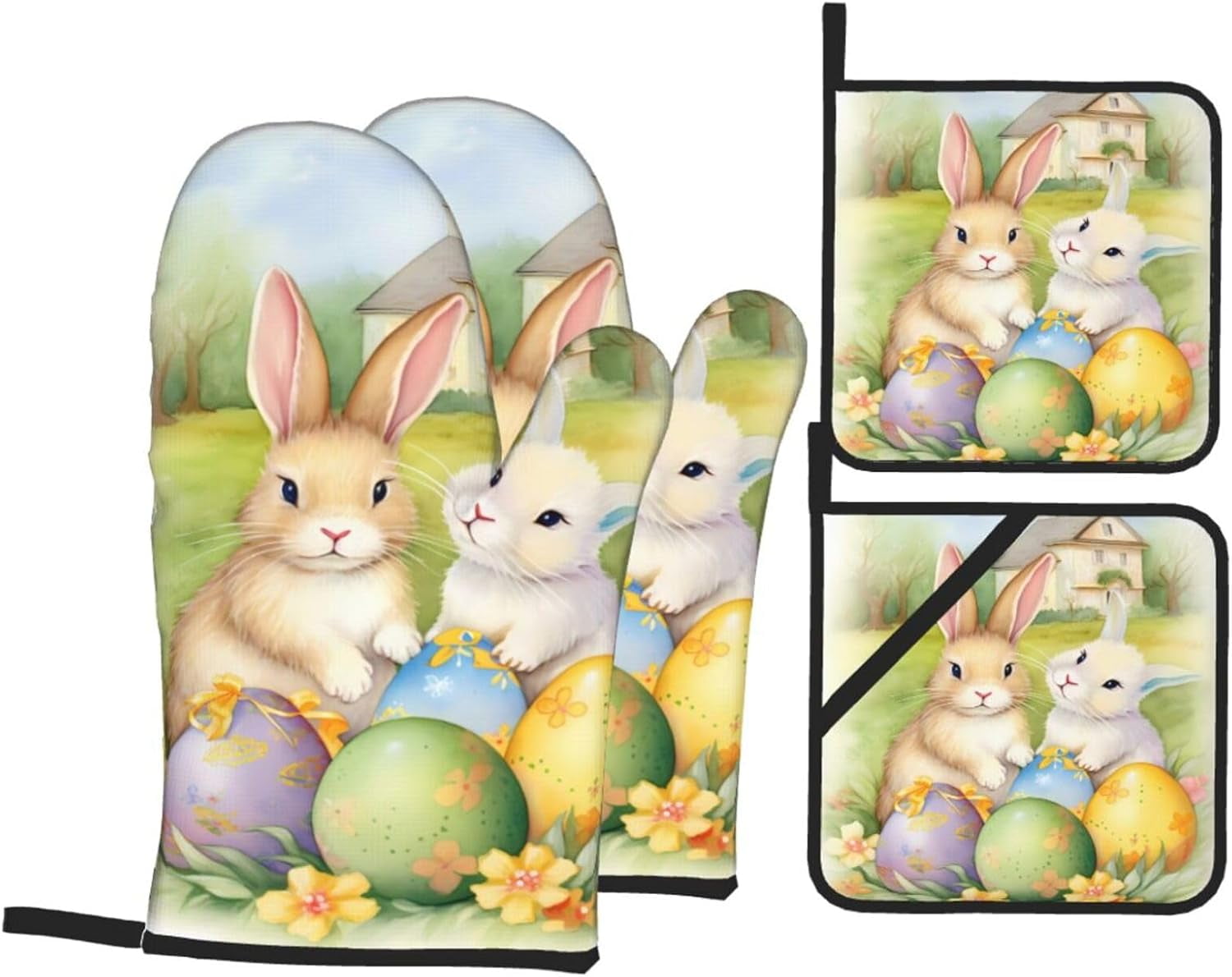 Oven Mitts and Pot Holders Sets of 4, Easter Eggs Floral Kitchen Gloves for Cooking Baking Cartoon Rabbit Bunny Hot Pads BBQ Potholders