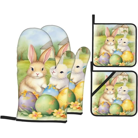 Oven Mitts and Pot Holders Sets of 4, Easter Eggs Floral Kitchen Gloves for Cooking Baking Cartoon Rabbit Bunny Hot Pads BBQ Potholders