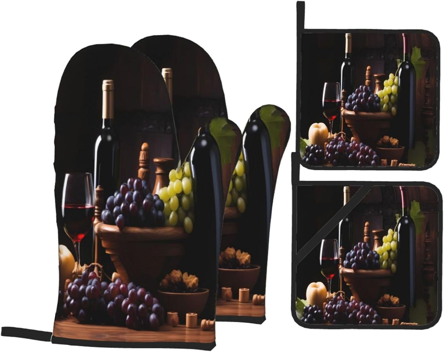 Oven Mitts and Pot Holders Sets of 4, Glasses Wine Grapes Kitchen Gloves for Cooking Baking Fresh Fruit Leaf Hot Pads BBQ Potholders