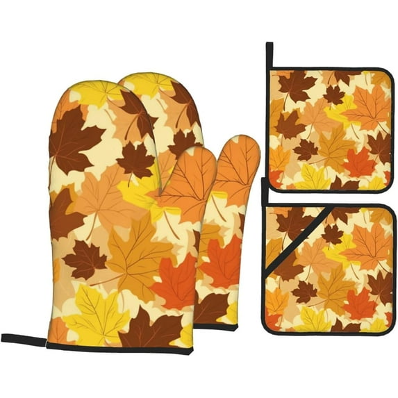 Oven Mitts and Pot Holders Sets of 4, Maple Leaves Kitchen Gloves for Cooking Baking Colorful Fall Hot Pads BBQ Potholders