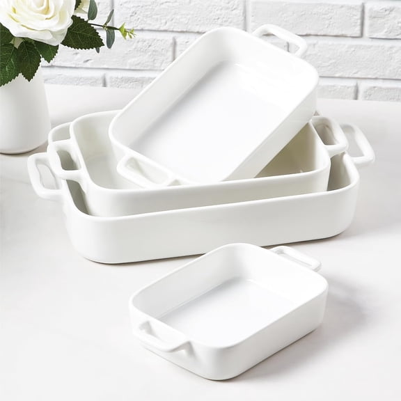 Oven-Safe Ceramic Baking Dish Set of 4 with Handles, Microwave and Dishwasher Safe, Rectangular, White, 7.5 Inch to 15.4 Inch