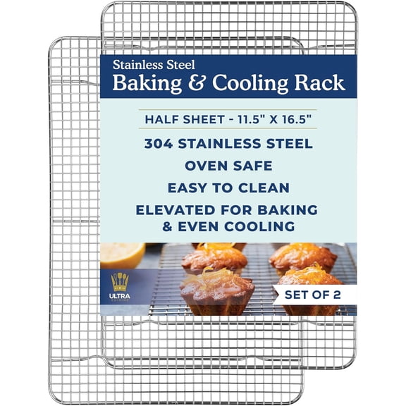 Oven-Safe, Dishwasher-Safe 100% Stainless Steel Cooling and Baking Rack Set Heavy Duty Tight-Wire - 11.5 x 16.5-inch - Set of 2 - Half Sheet Pan Cooling Racks