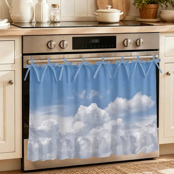 Oven Skirt Curtain, Clouds Oven Curtain for Kitchen Decor, Blue White Sky Natural Landscape Tie Top Kitchen Curtains for Ovens Door Stove Dishwasher Cabinet Windows, 27" x 20"