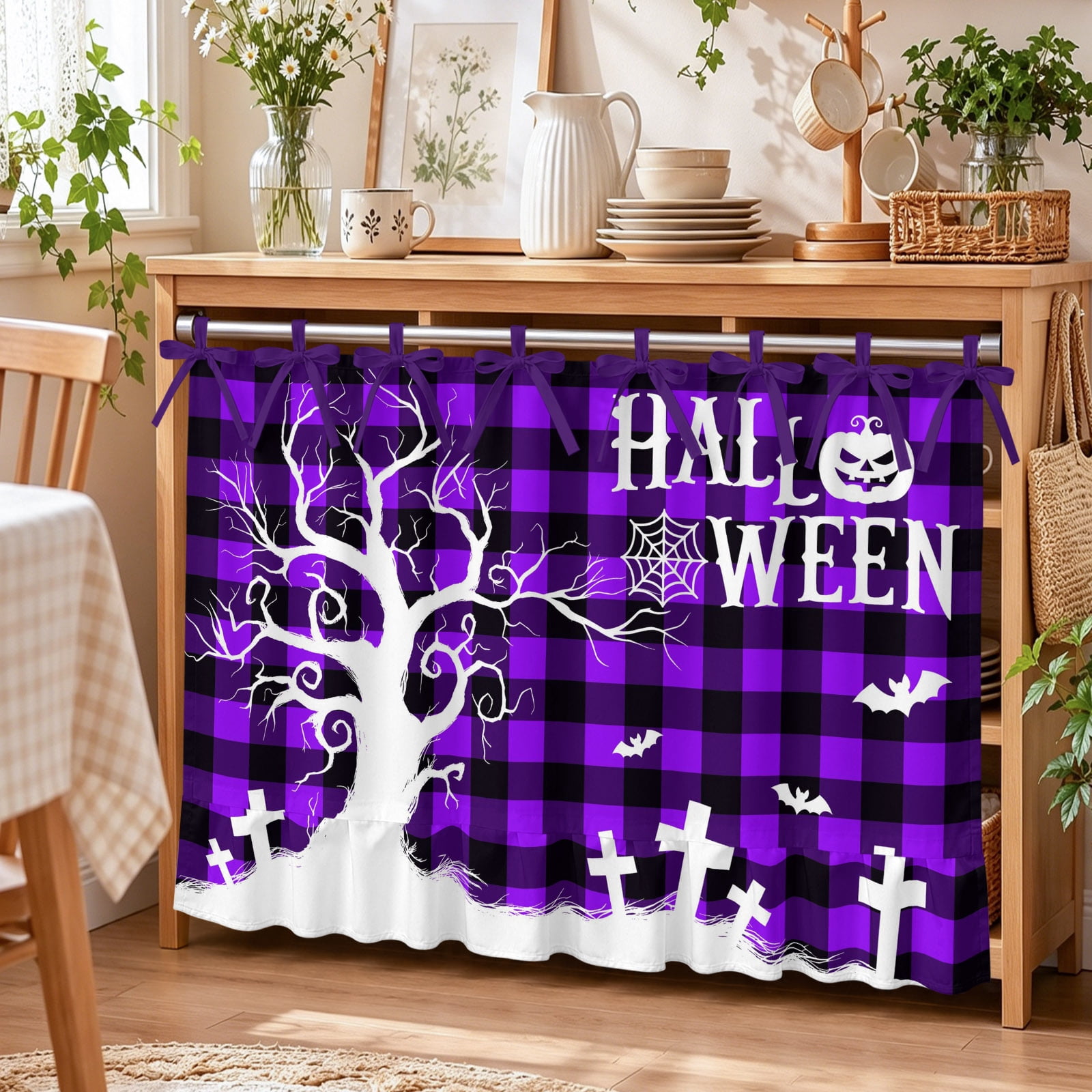 Purple Top Ruffles Oven Skirt Curtain,Halloween Bare Tree Tombstone Pumpkin Stove Cover ...