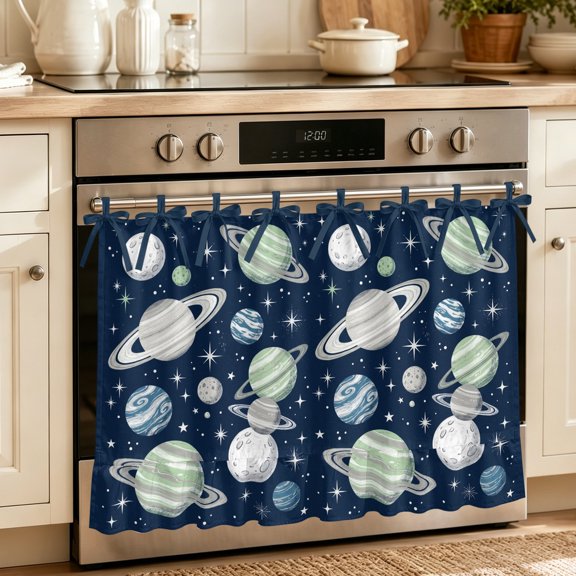 Oven Skirt Curtain for Kitchen 20x27 Inch, Abstract Space Oven Curtain with 8 Ribbon Ties & Ruffle Trim, Stove Skirt Curtain Dishwasher for Cabinets Over Sinks Modern Chic Universes Navy Blue