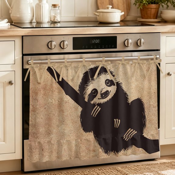 Oven Skirt Curtain for Kitchen 20x27 Inch, Black Brown Sloth Oven Curtain with 8 Ribbon Ties & Ruffle Trim, Stove Skirt Curtain Dishwasher for Cabinets Over Sinks Vintage Art Silhouettes
