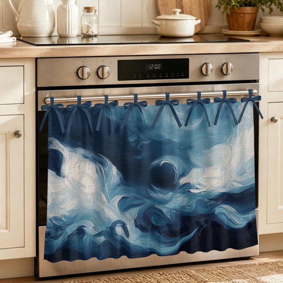 Oven Skirt Curtain for Kitchen 20x27 Inch, Blue Abstract Art Oven Curtain with 8 Ribbon Ties & Ruffle Trim, Stove Skirt Curtain Dishwasher for Cabinets Over Sinks Modern Waves Art